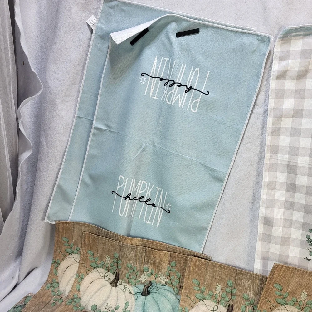 Pumpkin Kitchen Placemats Towel Set Table Runner Blue White Farmhouse Fall Decor
